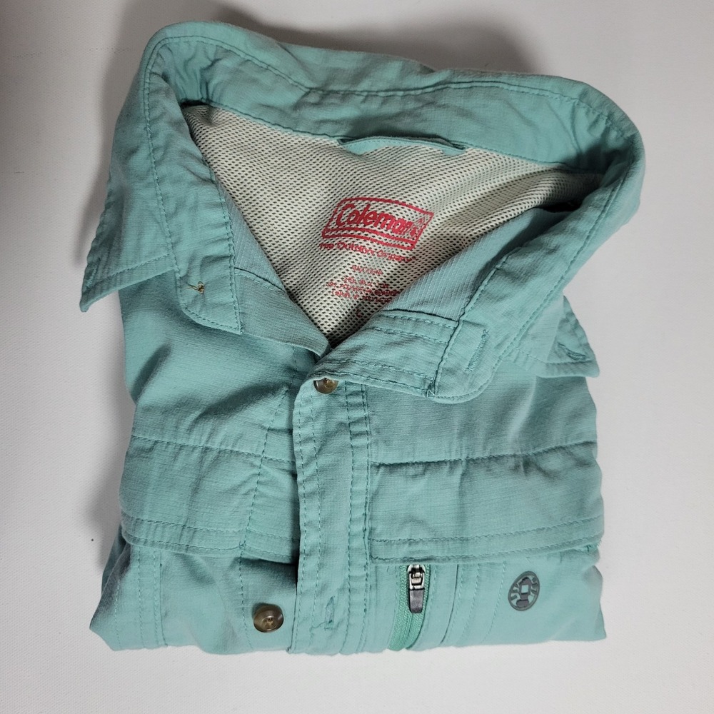 Coleman Button Down‎ Fishing Shirt Mens L Teal Blue Gorp Hiking Outdoor Utility - Picture 7 of 8